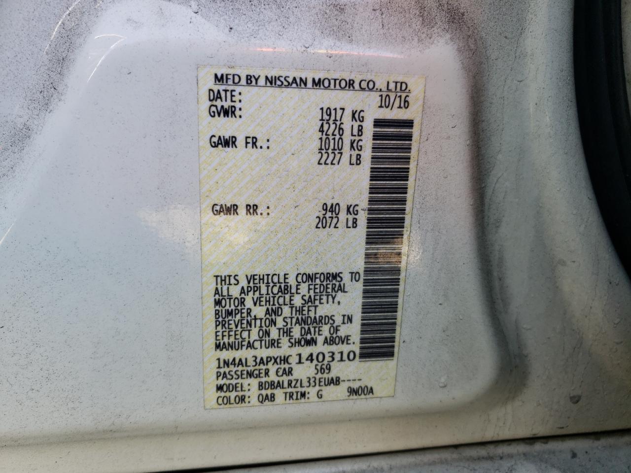 Photo 10 from auction – 2017 NISSAN ALTIMA 2.5 with VIN 1N4AL3APXHC140310