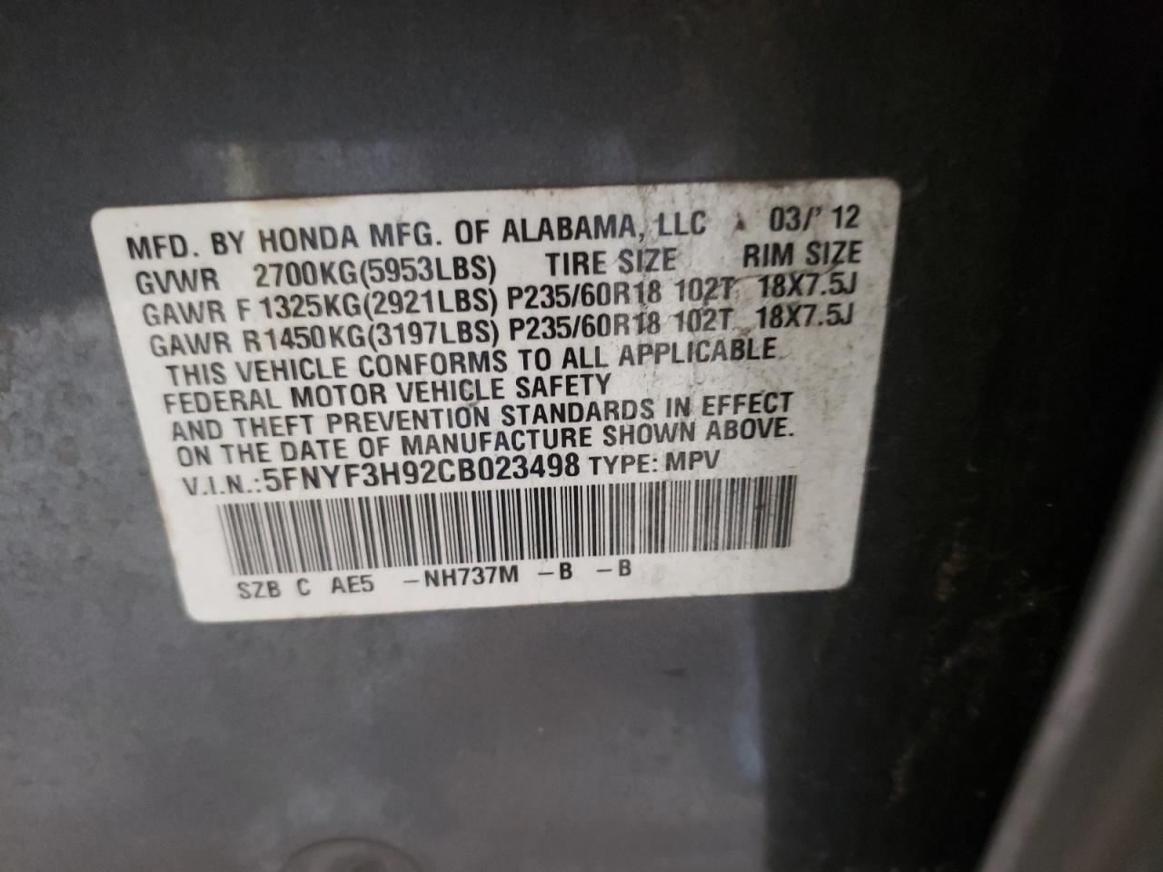 Photo 10 from auction – 2012 HONDA PILOT TOUR with VIN 5FNYF3H92CB023498