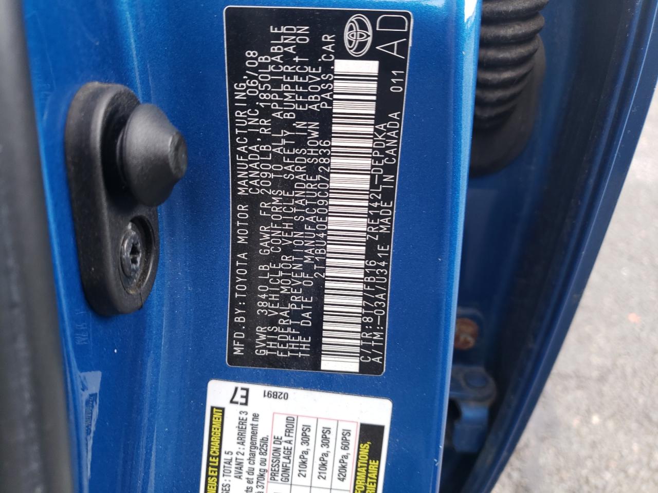 Photo 10 from auction – 2009 TOYOTA COROLLA BA with VIN 2T1BU40E09C072836
