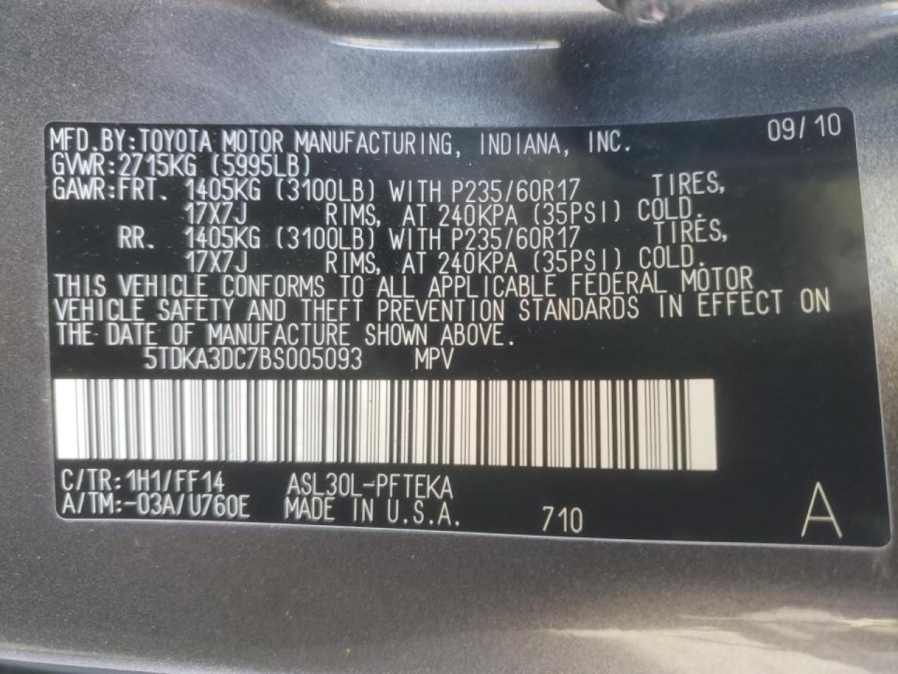 Photo 10 from auction – 2011 TOYOTA SIENNA BAS with VIN 5TDKA3DC7BS005093