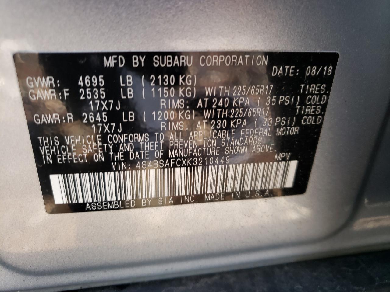 Photo 10 from auction – 2019 SUBARU OUTBACK 2. with VIN 4S4BSAFCXK3210449
