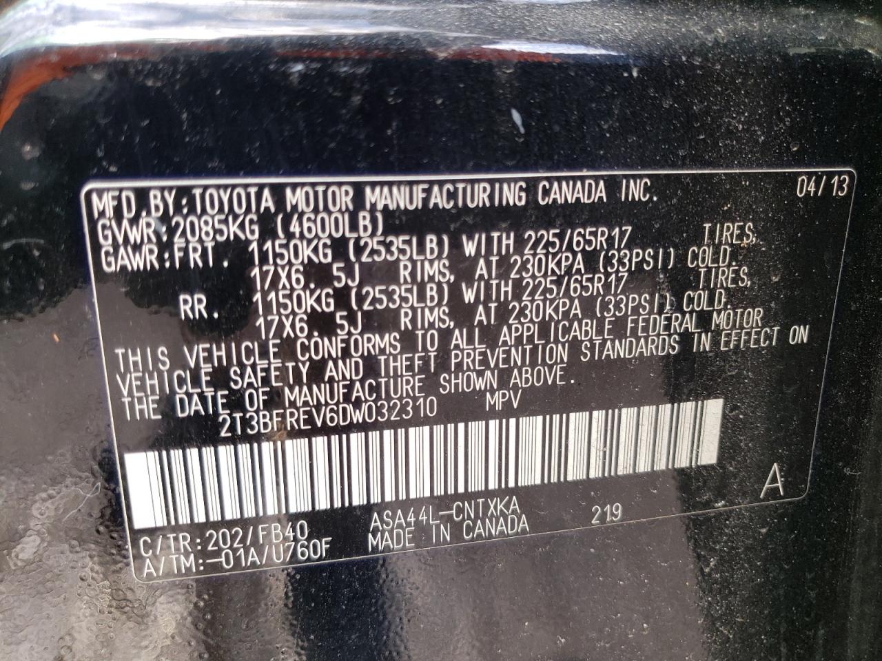 Photo 10 from auction – 2013 TOYOTA RAV4 LE with VIN 2T3BFREV6DW032310