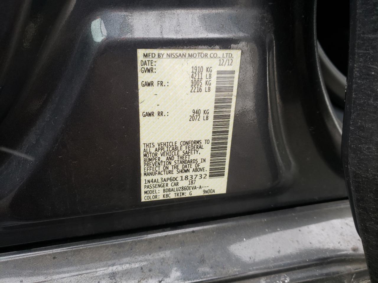 Photo 10 from auction – 2013 NISSAN ALTIMA 2.5 with VIN 1N4AL3AP6DC183732