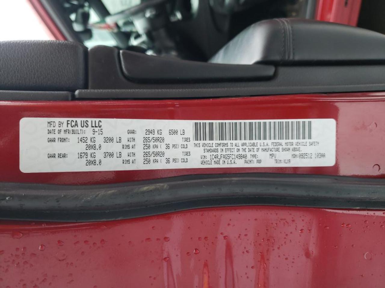 Photo 10 from auction – 2015 JEEP GRAND CHER with VIN 1C4RJFAG5FC149840