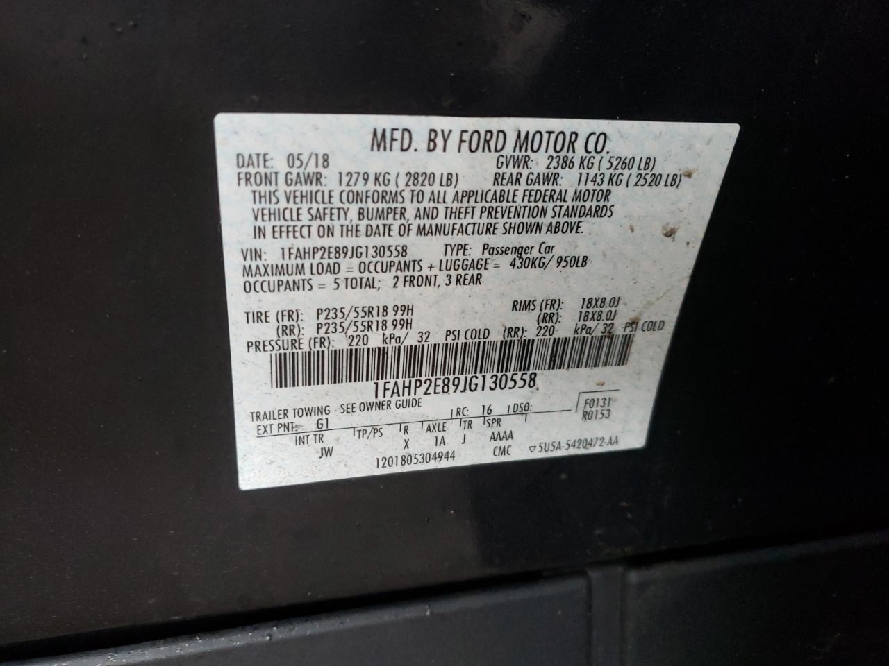 Photo 10 from auction – 2018 FORD TAURUS SEL with VIN 1FAHP2E89JG130558