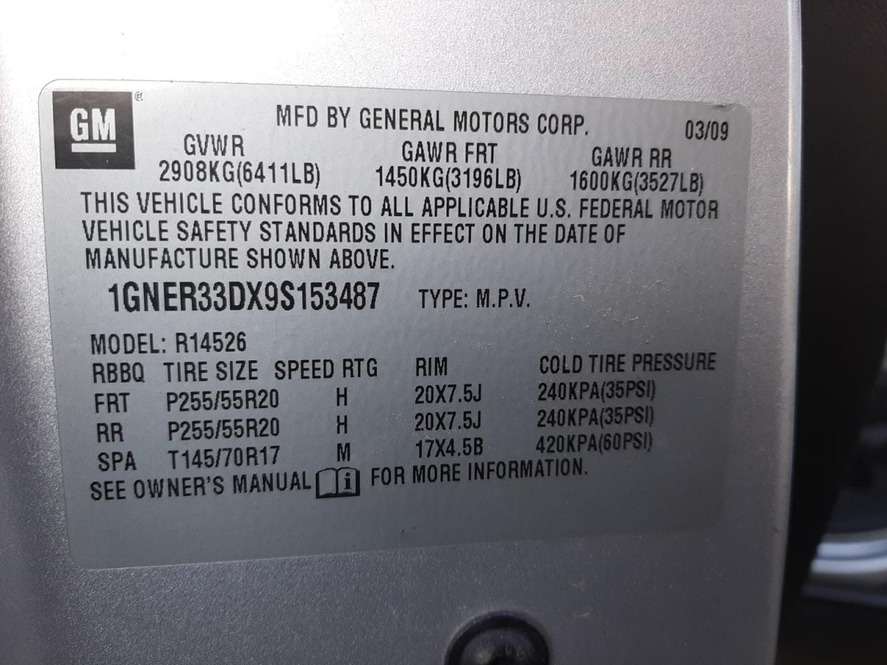 Photo 10 from auction – 2009 CHEVROLET TRAVERSE L with VIN 1GNER33DX9S153487