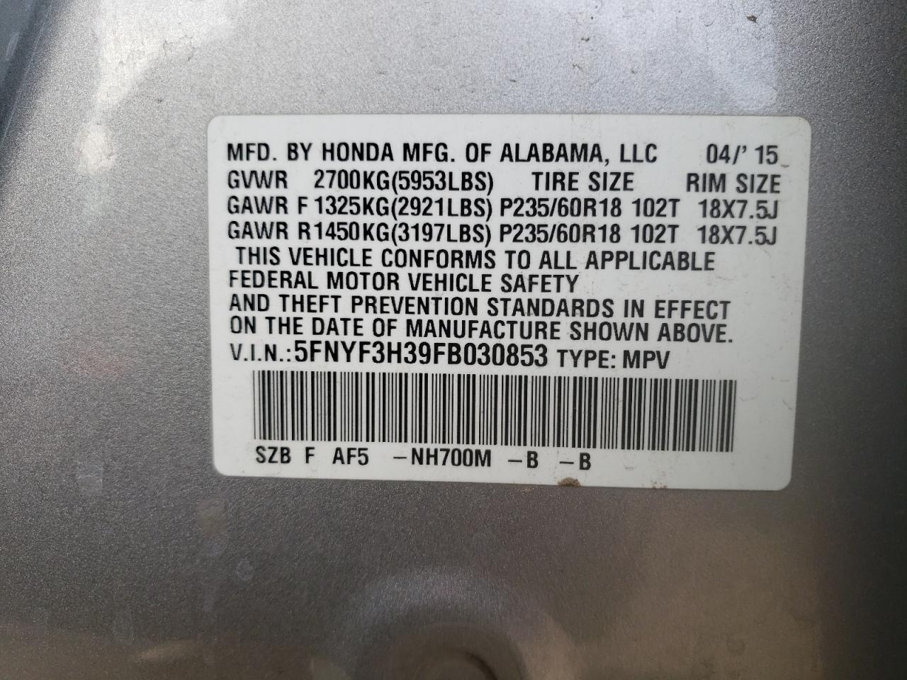 Photo 10 from auction – 2015 HONDA PILOT SE with VIN 5FNYF3H39FB030853