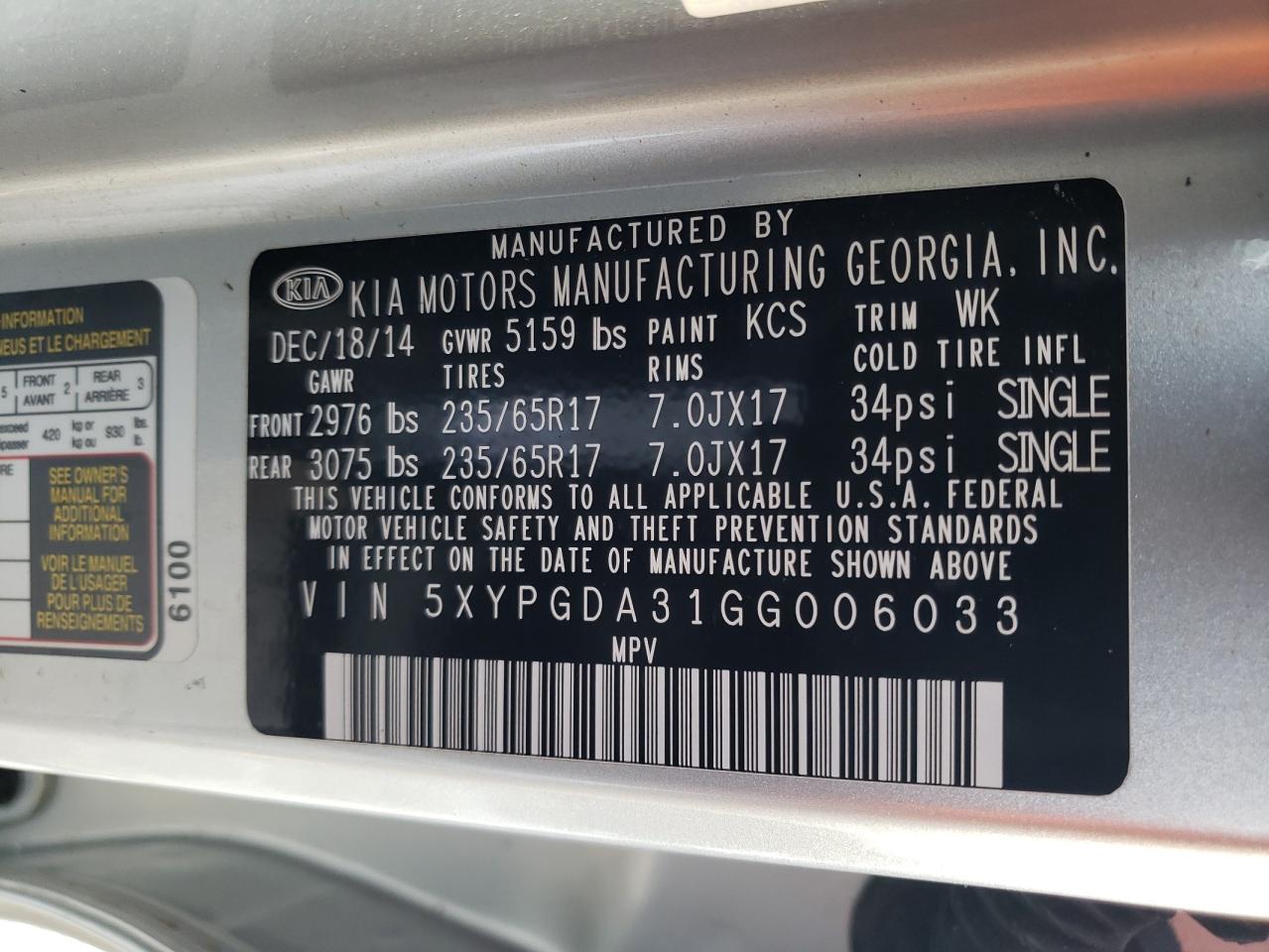 Photo 10 from auction – 2016 KIA SORENTO LX with VIN 5XYPGDA31GG006033