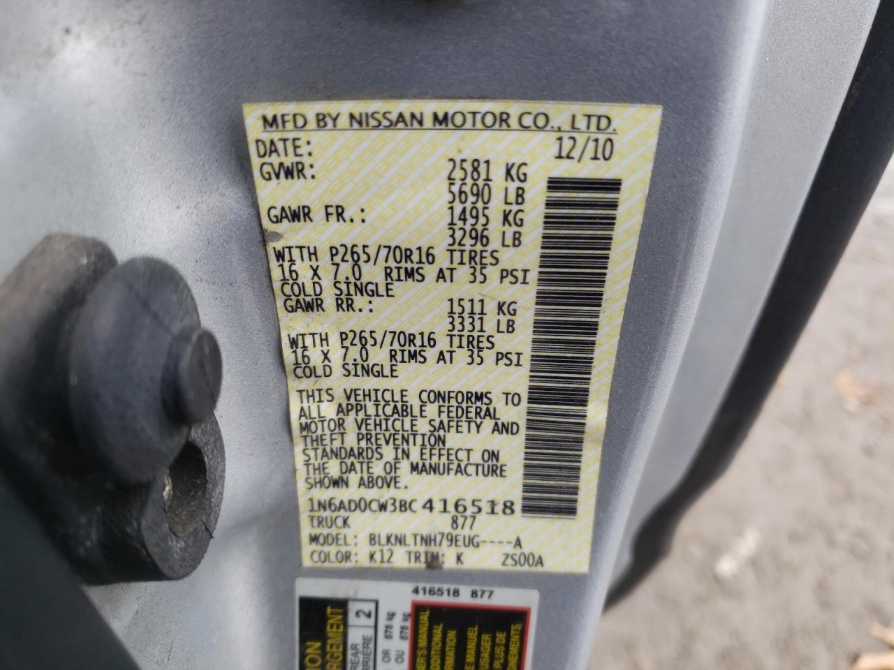 Photo 10 from auction – 2011 NISSAN FRONTIER S with VIN 1N6AD0CW3BC416518