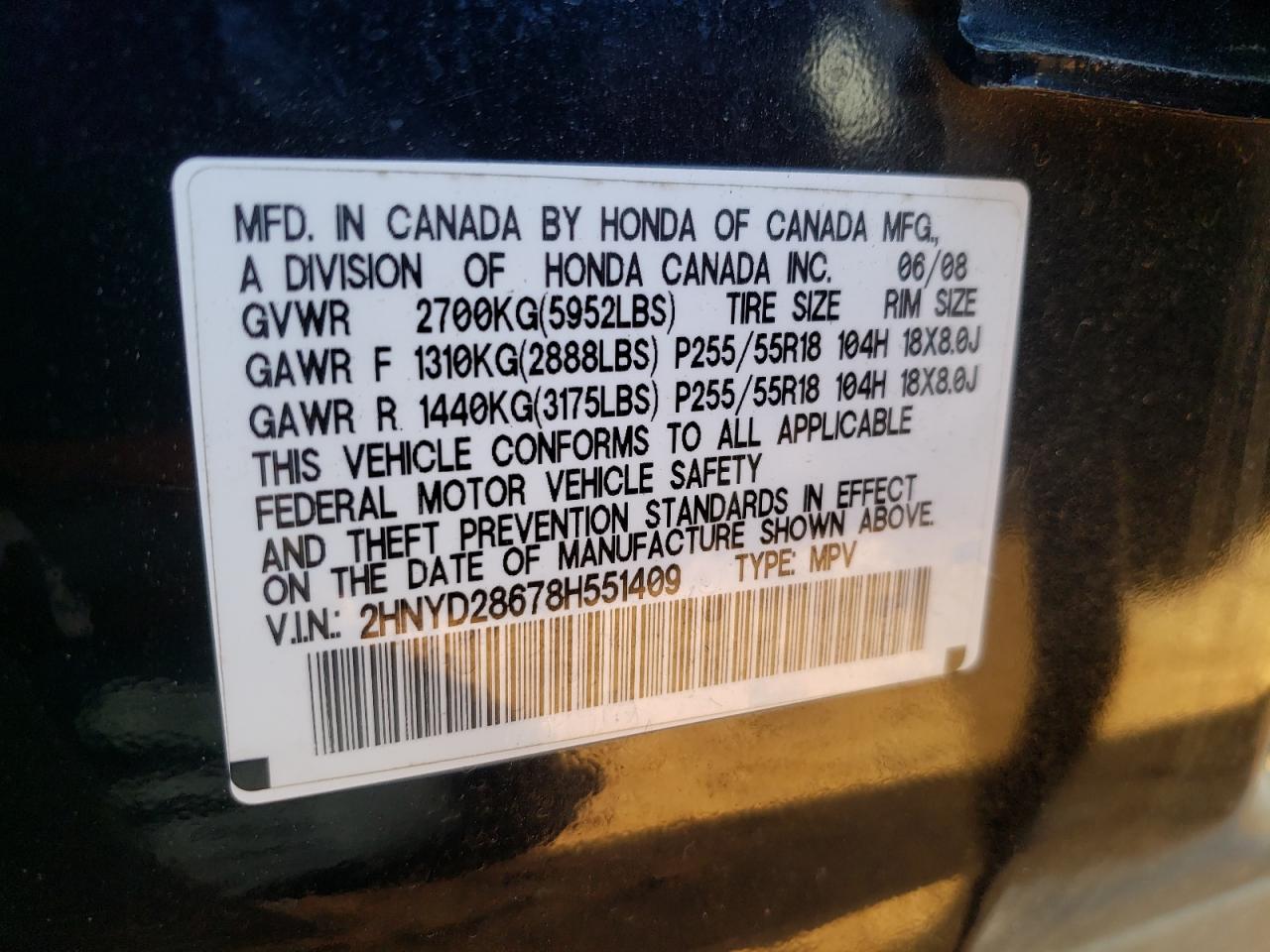 Photo 10 from auction – 2008 ACURA MDX TECHNO with VIN 2HNYD28678H551409