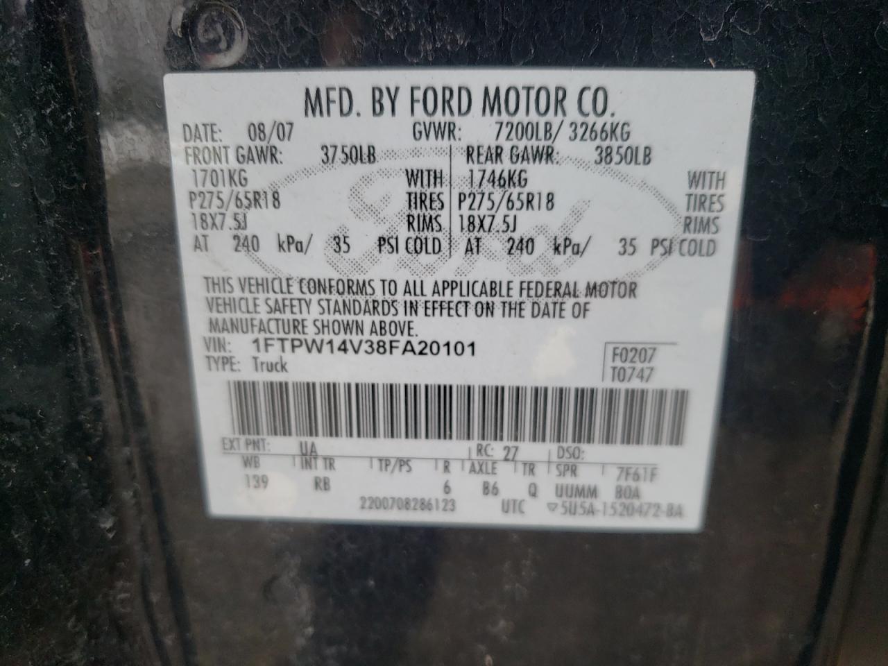 Photo 10 from auction – 2008 FORD F150 SUPER with VIN 1FTPW14V38FA20101