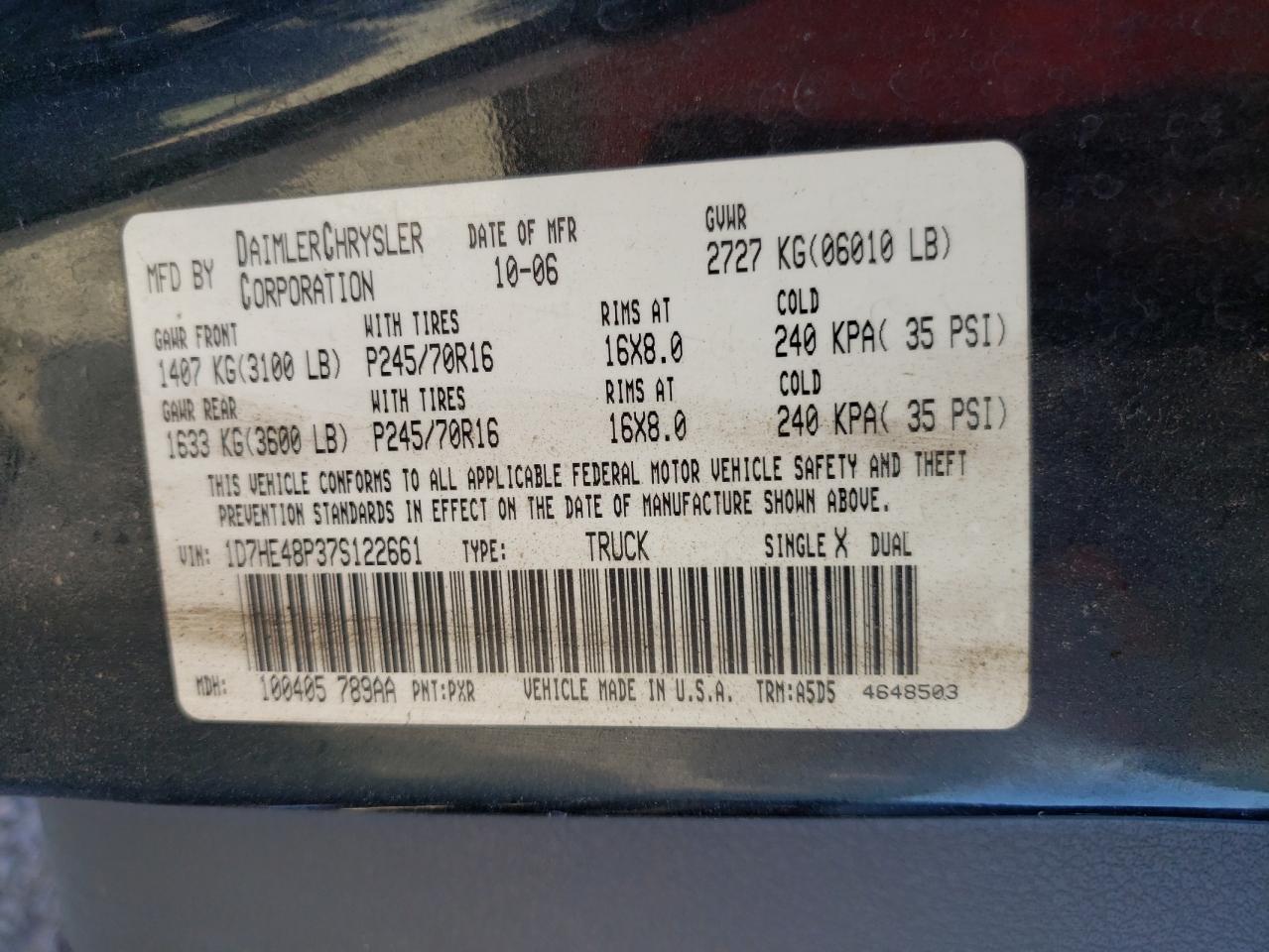 Photo 10 from auction – 2007 DODGE DAKOTA QUA with VIN 1D7HE48P37S122661