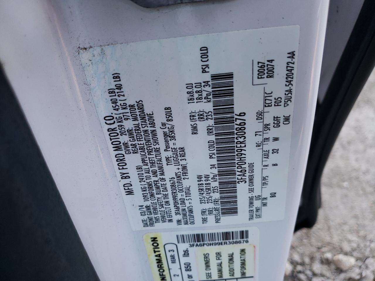 Photo 10 from auction – 2014 FORD FUSION SE with VIN 3FA6P0H99ER308676