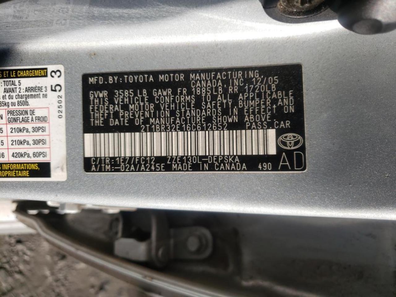 Photo 10 from auction – 2006 TOYOTA COROLLA CE with VIN 2T1BR32E16C612652