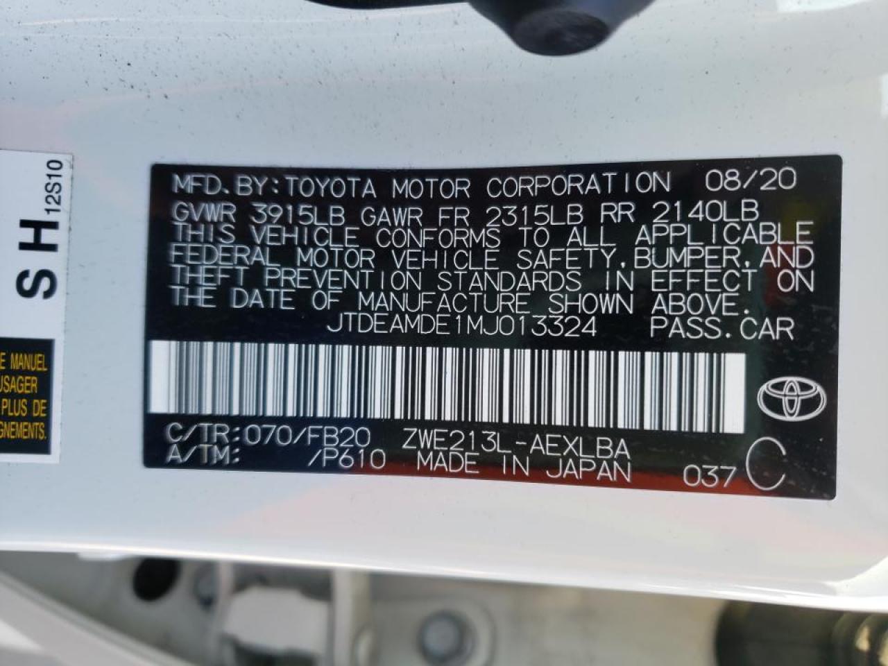 Photo 10 from auction – 2021 TOYOTA COROLLA LE with VIN JTDEAMDE1MJ013324