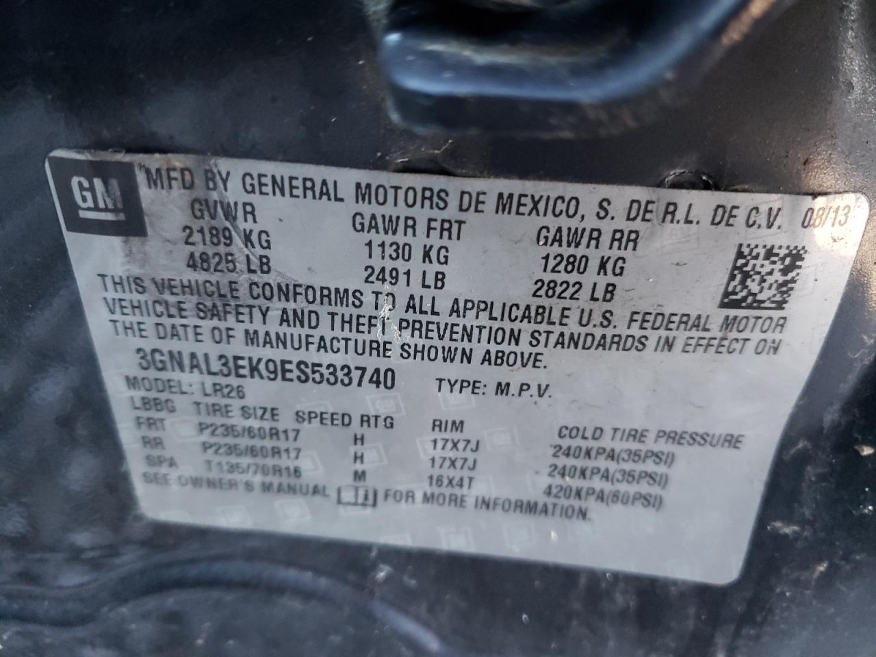 Photo 10 from auction – 2014 CHEVROLET CAPTIVA LT with VIN 3GNAL3EK9ES533740