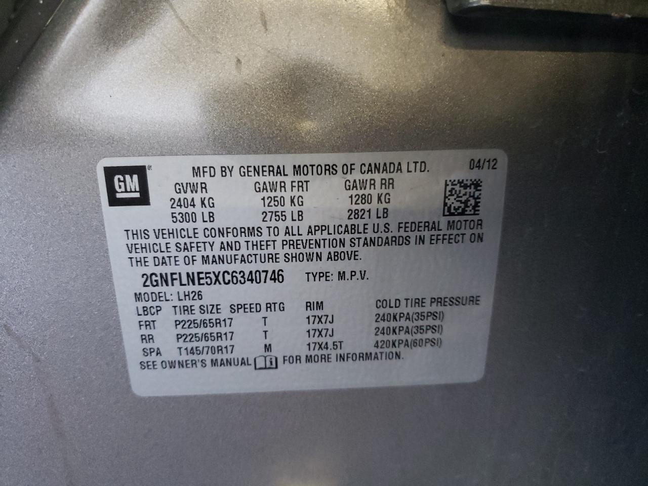 Photo 10 from auction – 2012 CHEVROLET EQUINOX LT with VIN 2GNFLNE5XC6340746