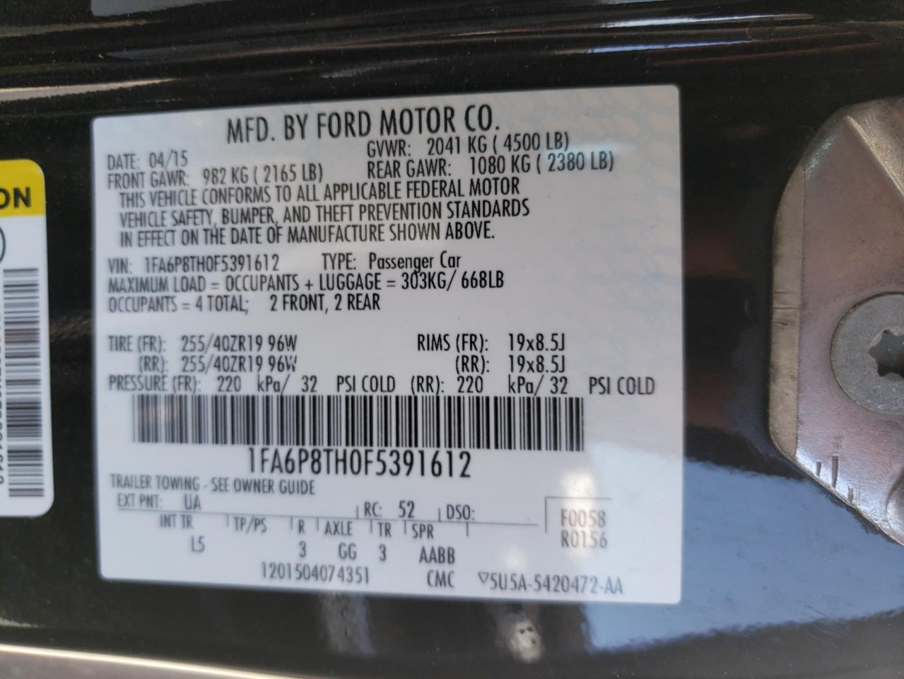 Photo 10 from auction – 2015 FORD MUSTANG with VIN 1FA6P8TH0F5391612