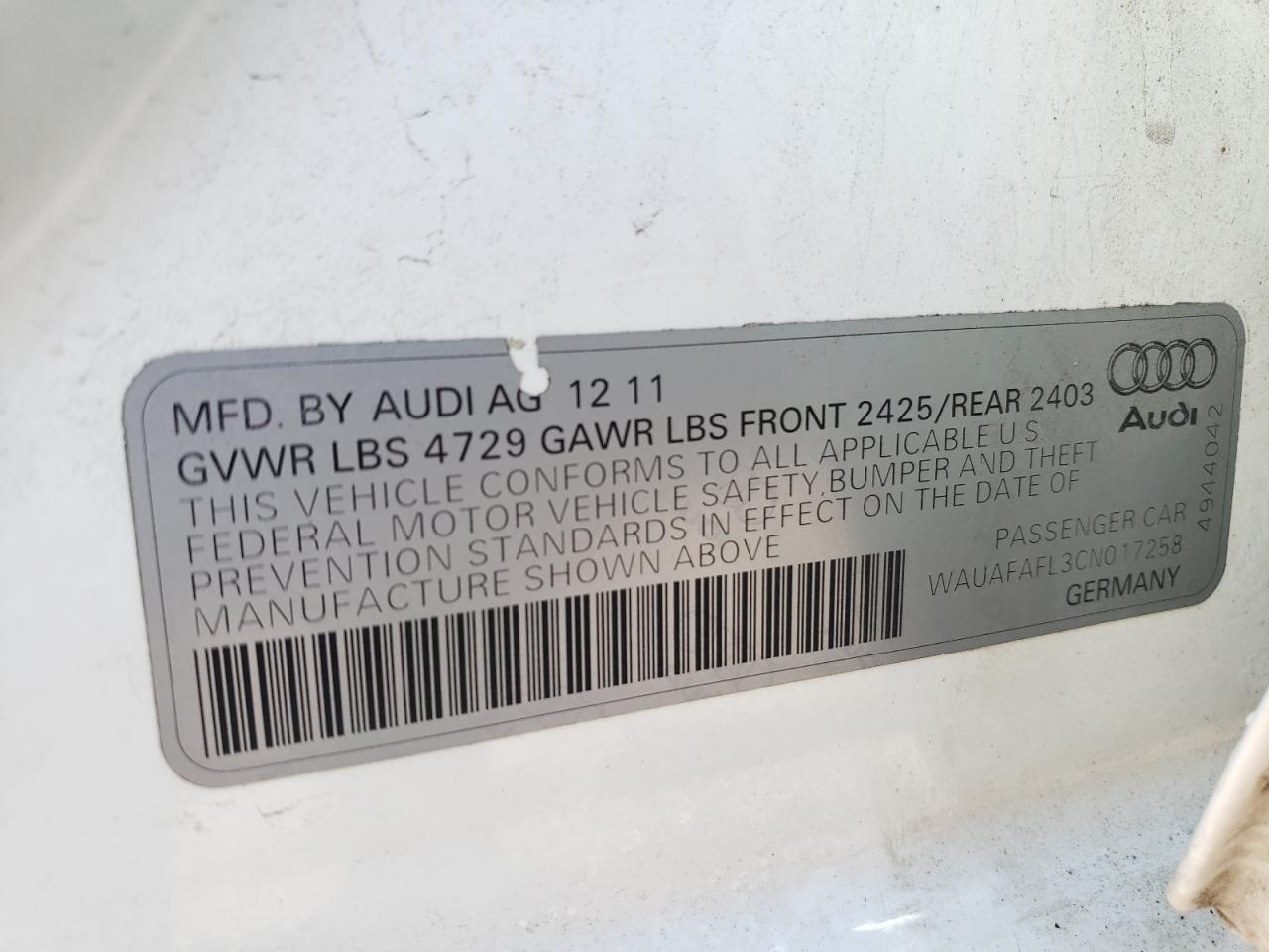 Photo 10 from auction – 2012 AUDI A4 PREMIUM with VIN WAUAFAFL3CN017258