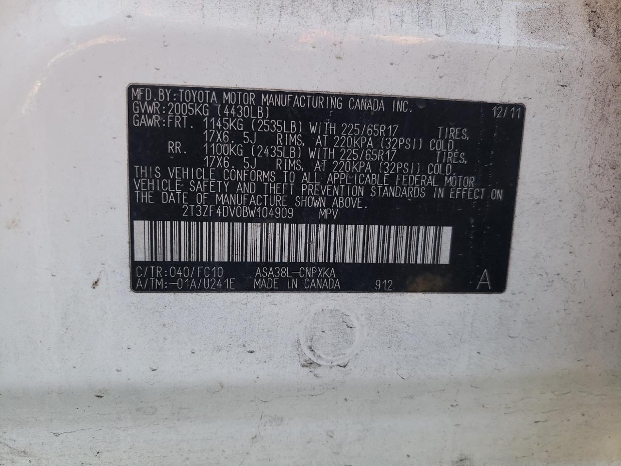 Photo 10 from auction – 2011 TOYOTA RAV4 with VIN 2T3ZF4DV0BW104909