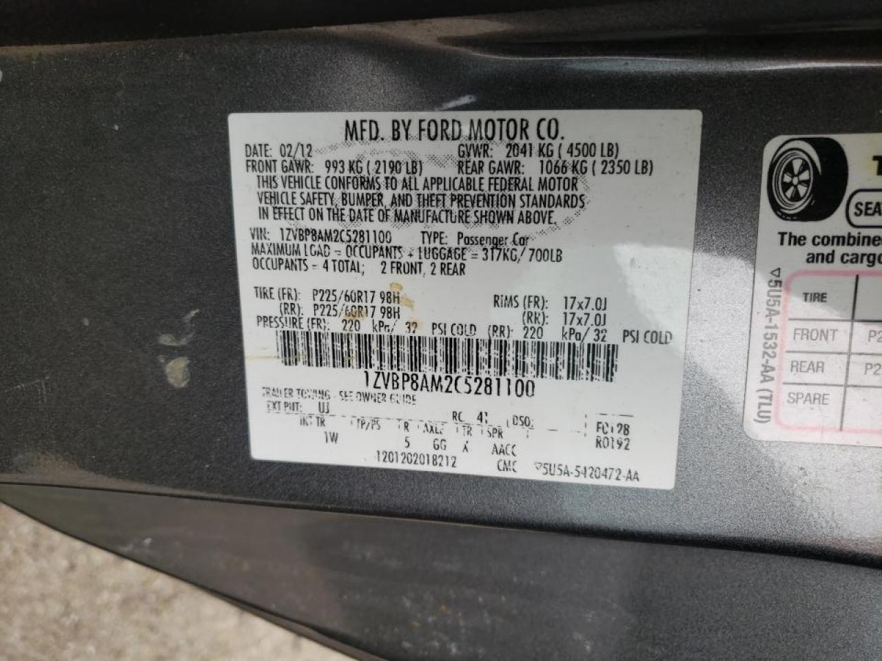 Photo 10 from auction – 2012 FORD MUSTANG with VIN 1ZVBP8AM2C5281100