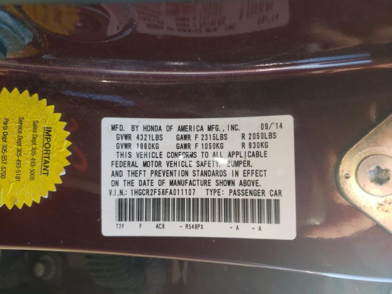 Photo 10 from auction – 2015 HONDA ACCORD SPO with VIN 1HGCR2F58FA011107