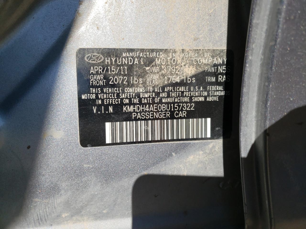 Photo 10 from auction – 2011 HYUNDAI ELANTRA GL with VIN KMHDH4AE0BU157322