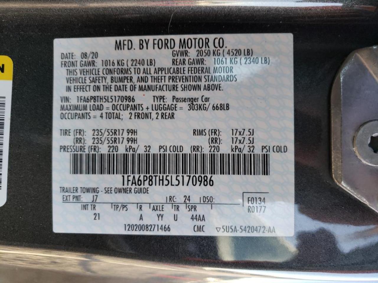 Photo 10 from auction – 2020 FORD MUSTANG with VIN 1FA6P8TH5L5170986