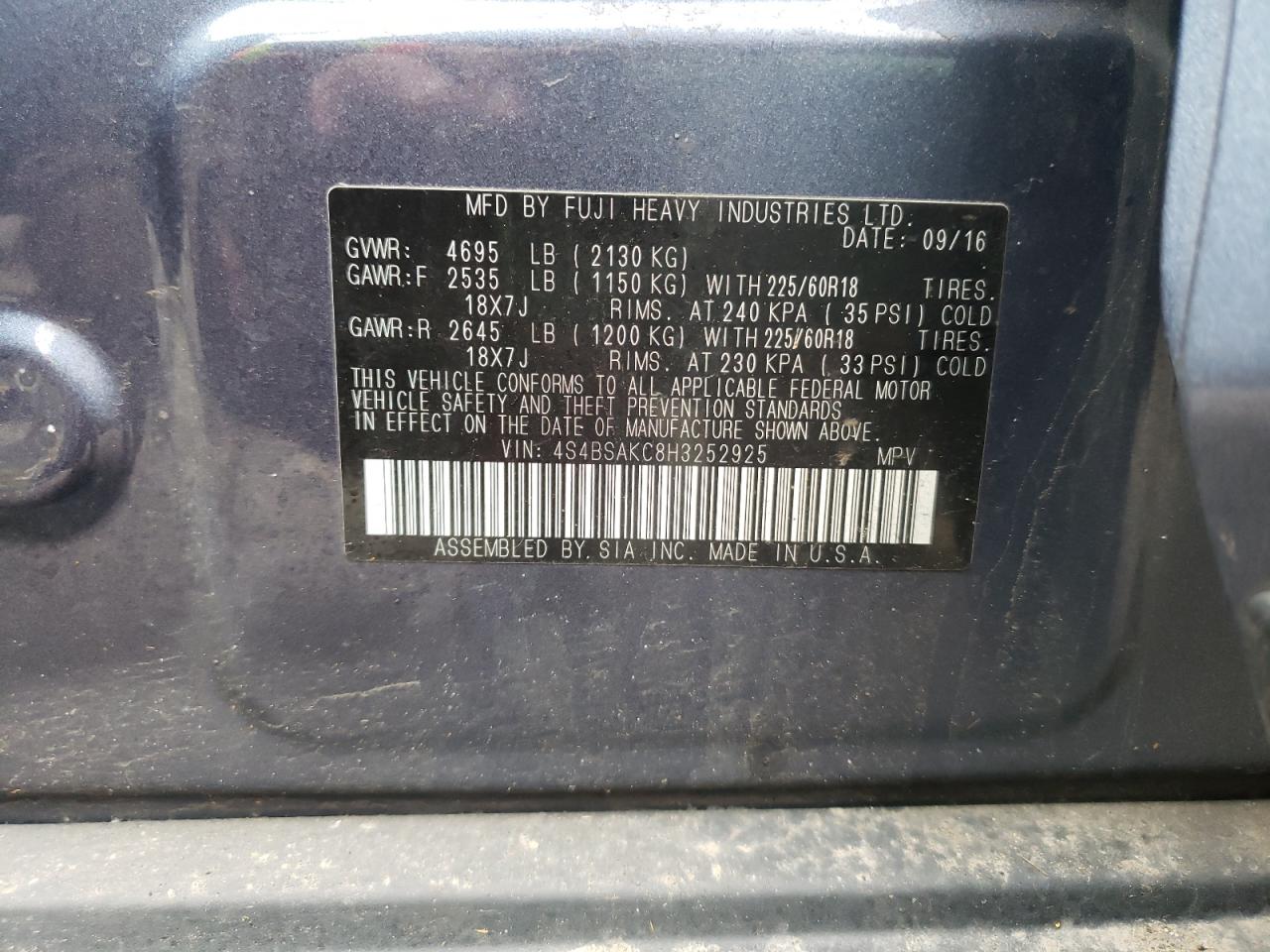 Photo 10 from auction – 2017 SUBARU OUTBACK 2. with VIN 4S4BSAKC8H3252925
