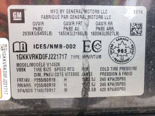 Photo 10 from auction – 2015 GMC ACADIA SLT with VIN 1GKKVRKD0FJ221717