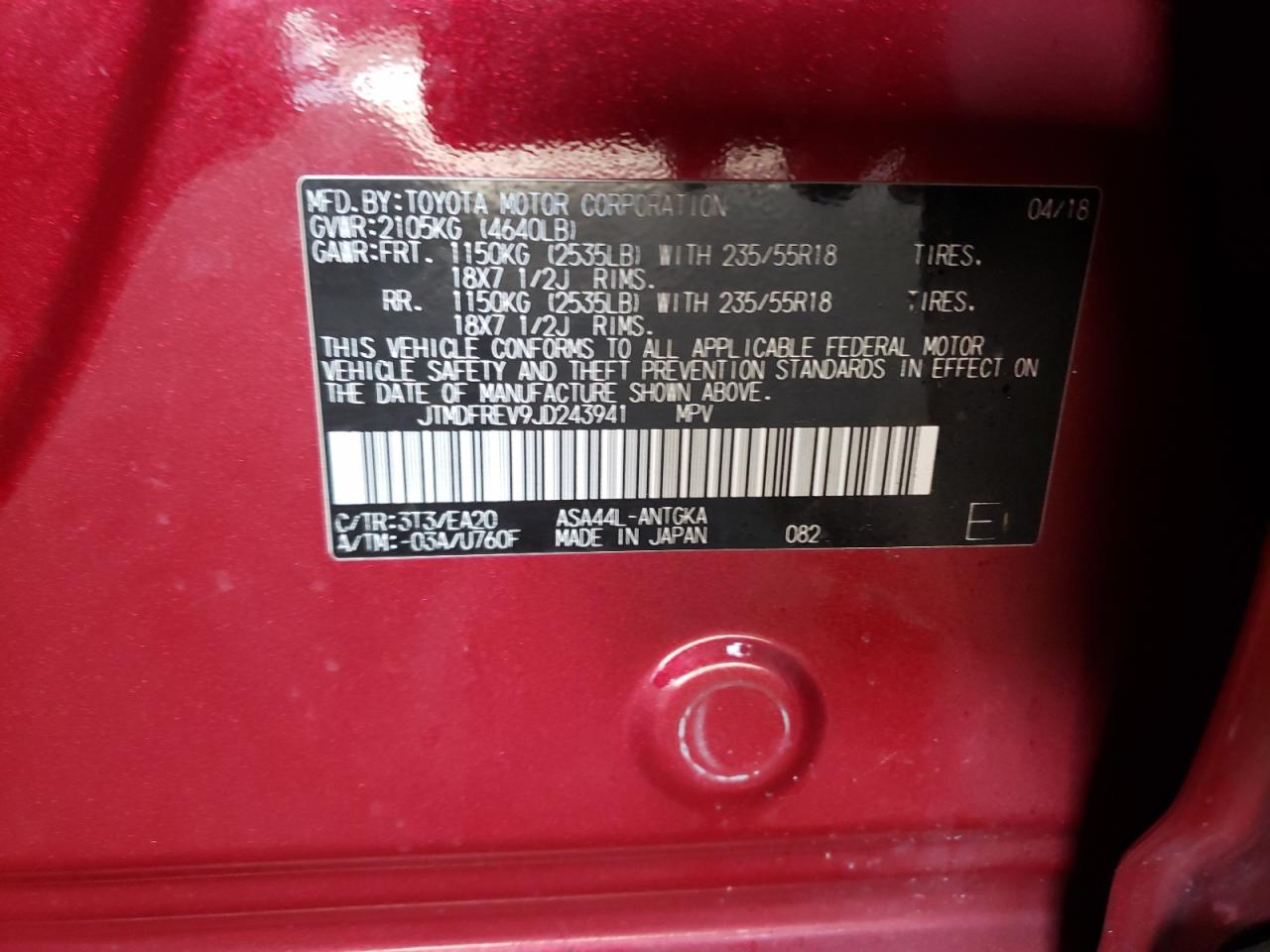 Photo 10 from auction – 2018 TOYOTA RAV4 LIMIT with VIN JTMDFREV9JD243941