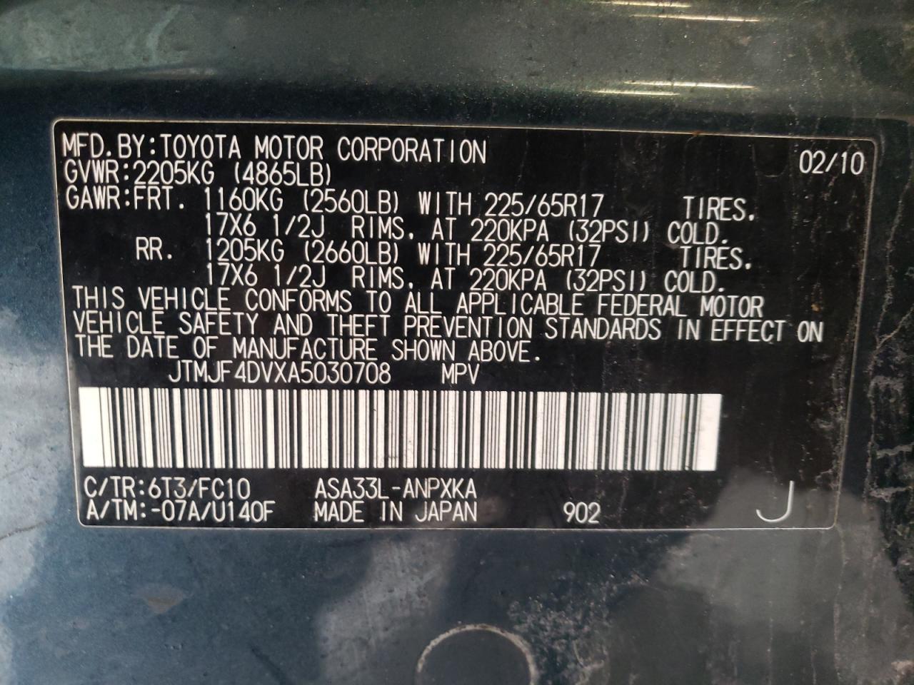 Photo 10 from auction – 2010 TOYOTA RAV4 with VIN JTMJF4DVXA5030708