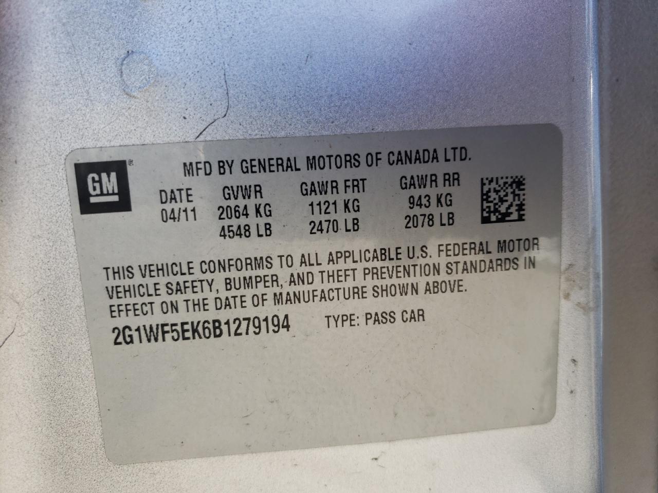 Photo 10 from auction – 2011 CHEVROLET IMPALA LS with VIN 2G1WF5EK6B1279194