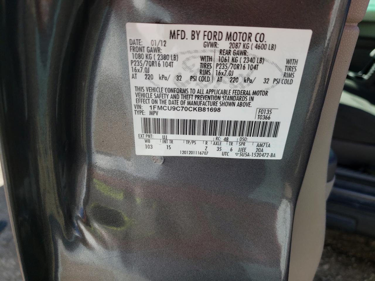 Photo 10 from auction – 2012 FORD ESCAPE XLS with VIN 1FMCU9C70CKB81698