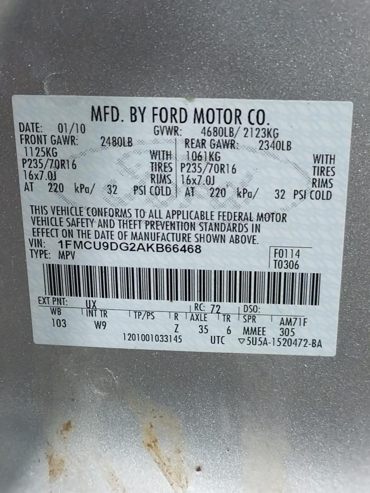 Photo 10 from auction – 2010 FORD ESCAPE XLT with VIN 1FMCU9DG2AKB66468
