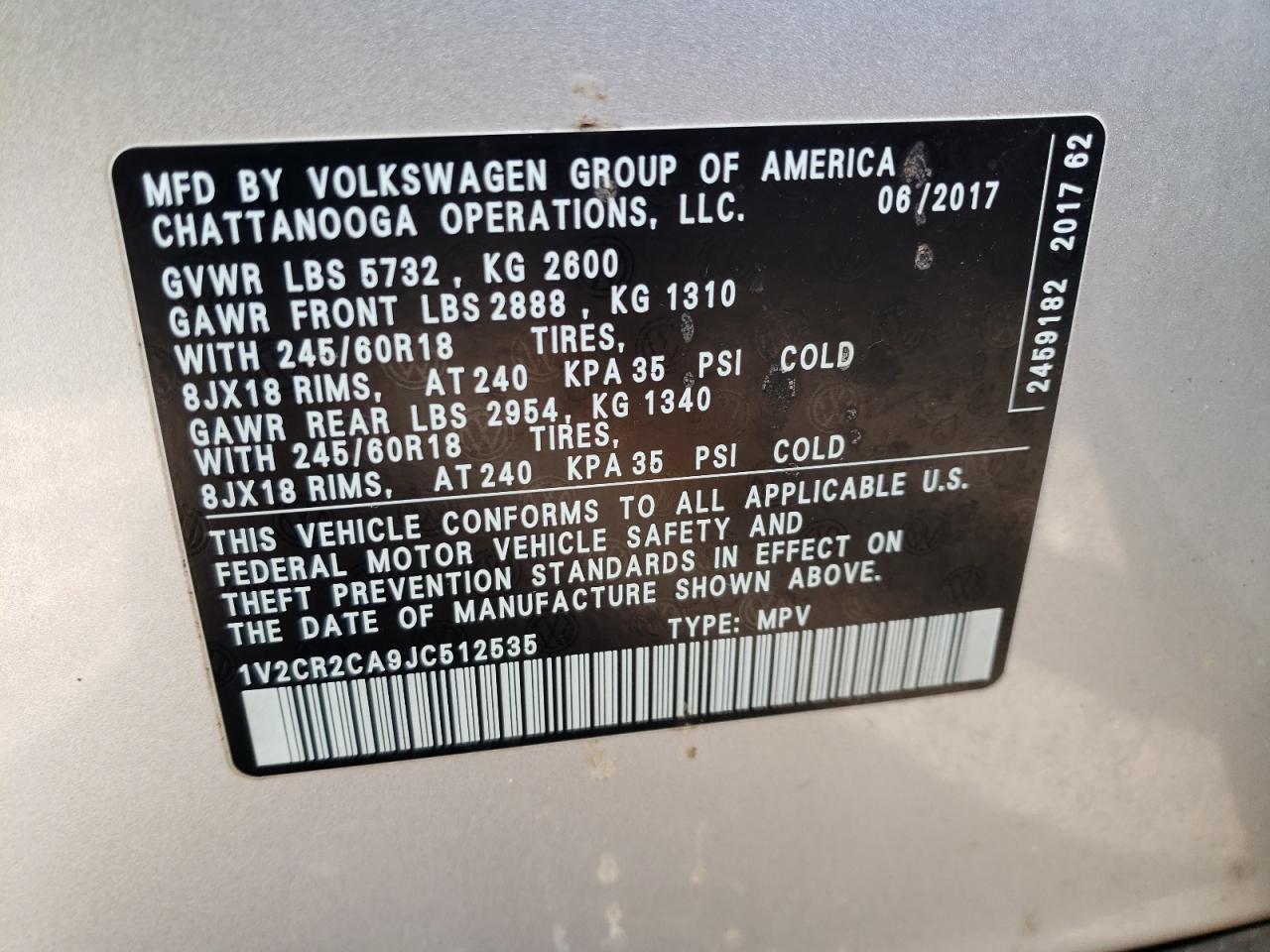 Photo 10 from auction – 2018 VOLKSWAGEN 356 with VIN 1V2CR2CA9JC512535