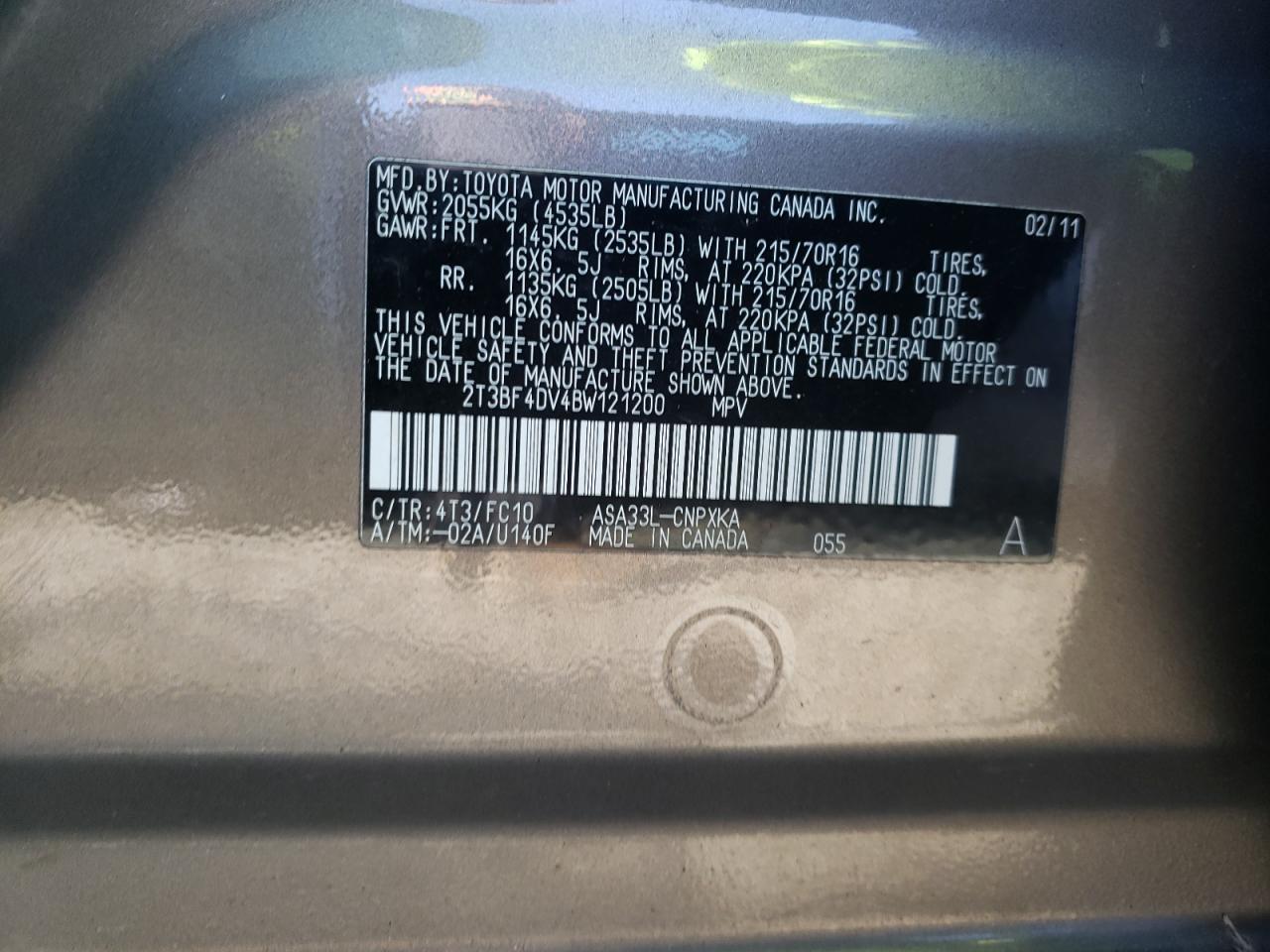 Photo 10 from auction – 2011 TOYOTA RAV4 with VIN 2T3BF4DV4BW121200