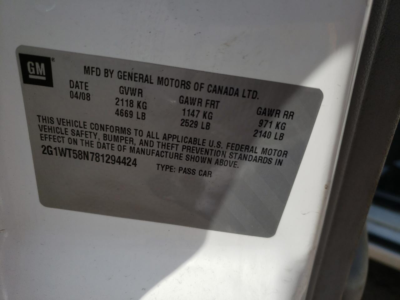 Photo 10 from auction – 2008 CHEVROLET IMPALA LT with VIN 2G1WT58N781294424