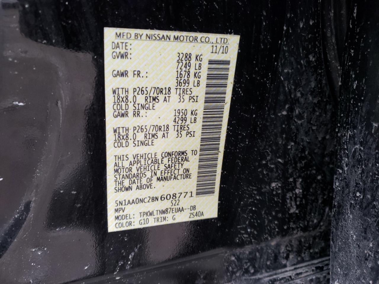 Photo 10 from auction – 2011 NISSAN ARMADA SV with VIN 5N1AA0NC2BN608771