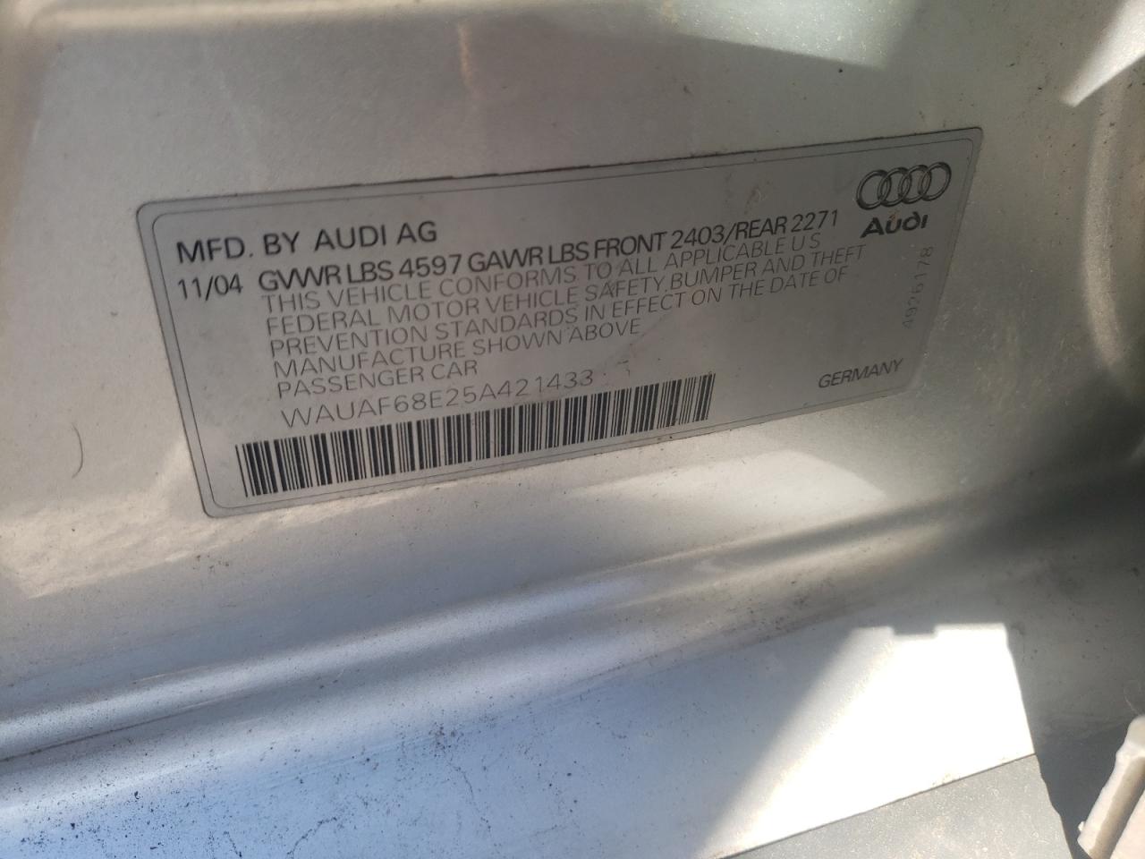 Photo 10 from auction – 2005 AUDI A4 2.0T with VIN WAUAF68E25A421433