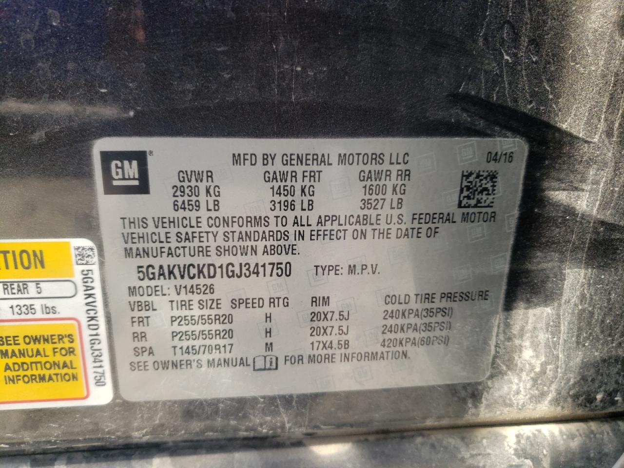 Photo 10 from auction – 2016 BUICK ENCLAVE with VIN 5GAKVCKD1GJ341750