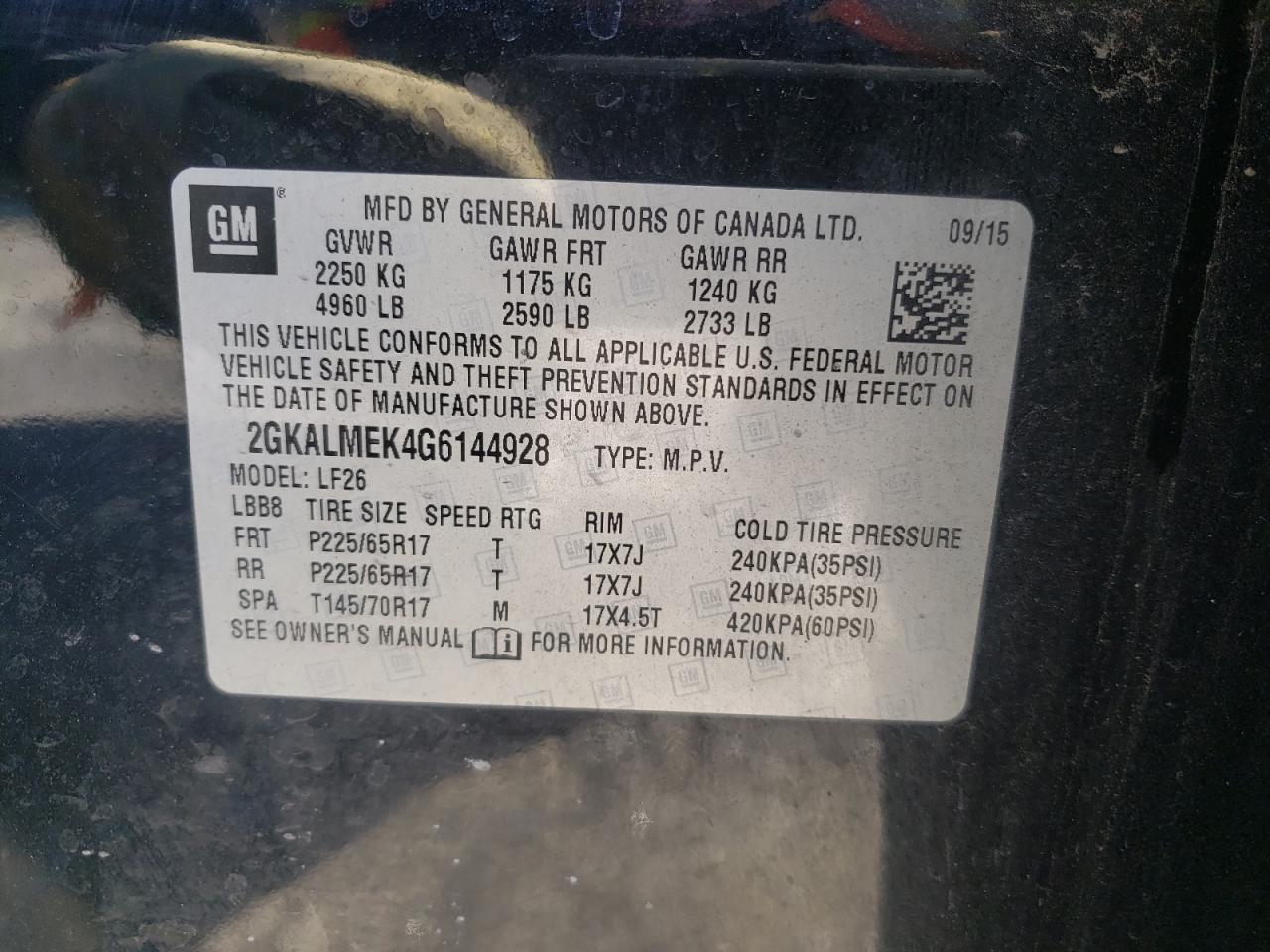 Foto 10 de la subasta – 2016 GMC TERRAIN SL con VIN 2GKALMEK4G6144928