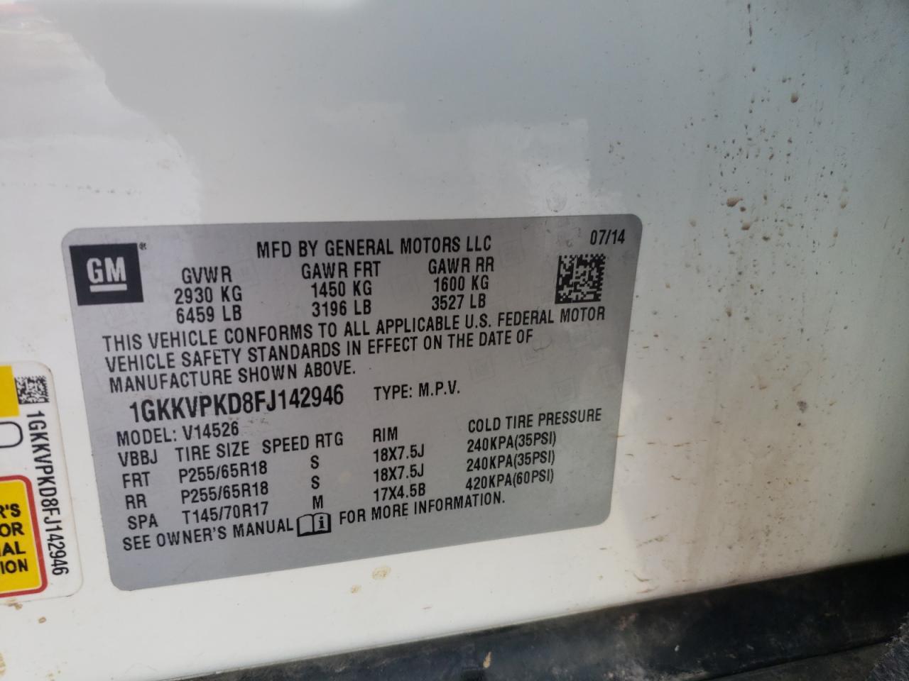 Photo 10 from auction – 2015 GMC ACADIA SLE with VIN 1GKKVPKD8FJ142946