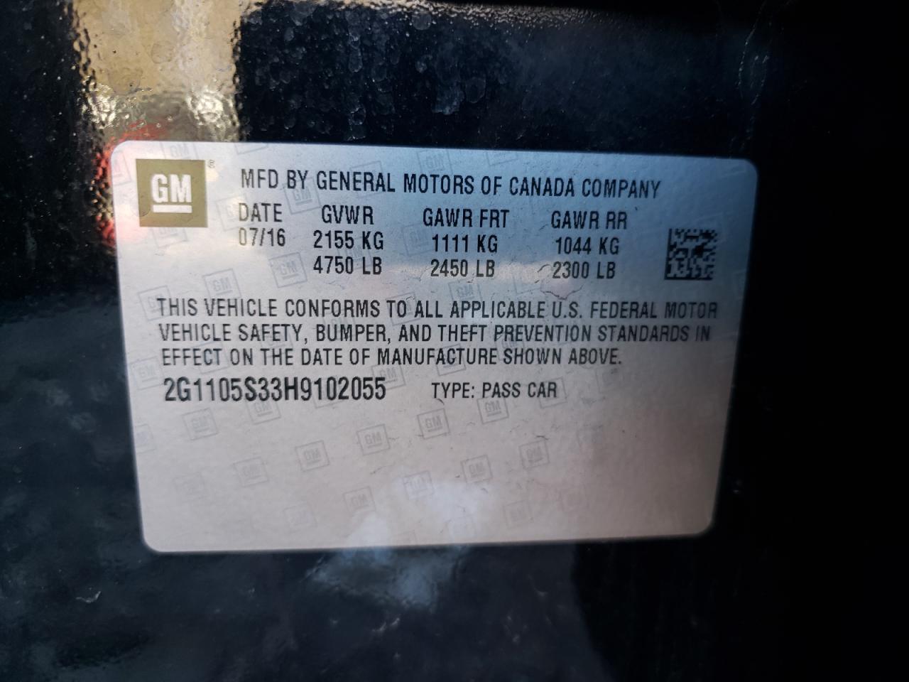 Photo 10 from auction – 2017 CHEVROLET IMPALA LT with VIN 2G1105S33H9102055
