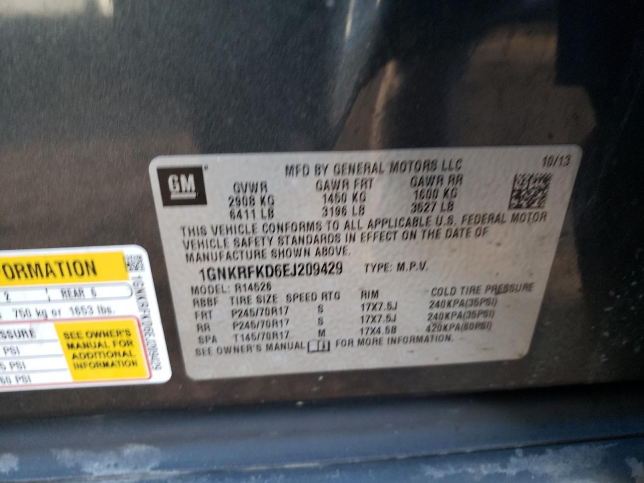 Photo 10 from auction – 2014 CHEVROLET TRAVERSE L with VIN 1GNKRFKD6EJ209429