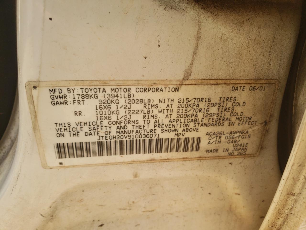Photo 10 from auction – 2001 TOYOTA RAV4 with VIN JTEGH20V910036071