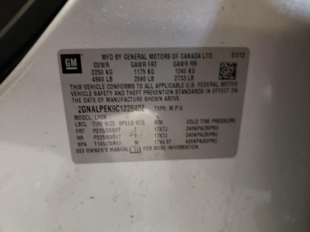 Photo 10 from auction – 2012 CHEVROLET EQUINOX LT with VIN 2GNALPEK9C1228402