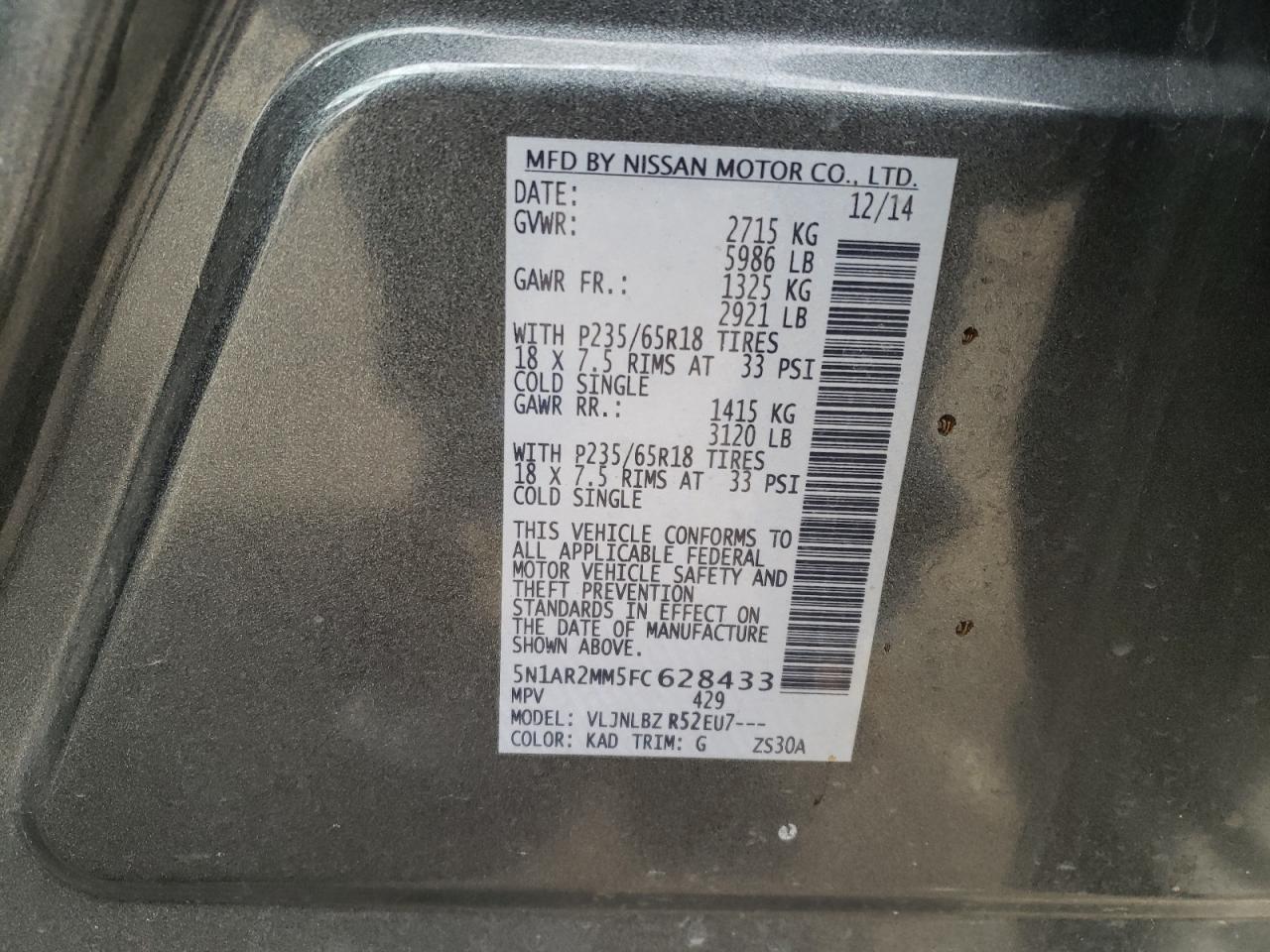 Photo 10 from auction – 2015 NISSAN PATHFINDER with VIN 5N1AR2MM5FC628433