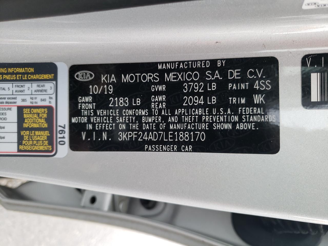 Photo 10 from auction – 2020 KIA FORTE FE with VIN 3KPF24AD7LE188170