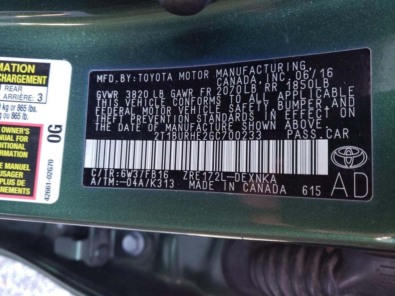 Photo 10 from auction – 2016 TOYOTA COROLLA L with VIN 2T1BURHE2GC700233